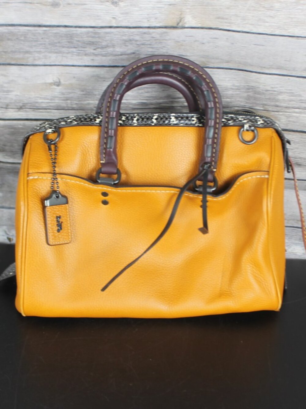 Coach 1941 Rogue Satchel Mustard Yellow Glove tanned Leather Blue Suede EUC